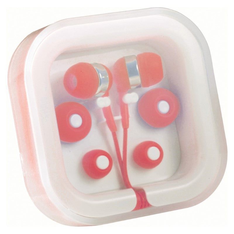 Red ear buds in a compact organizer case, featuring tangle-free storage and three eartip sizes for a comfortable fit.