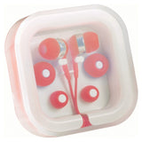 Red ear buds in a compact organizer case, featuring tangle-free storage and three eartip sizes for a comfortable fit.