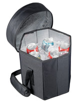 Multi-functional cooler bag that doubles as a seat, holds 24 cans, supports 90 kg, and folds flat for storage.