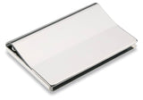 Sleek pocket jotter with polished nickel finish, 24 pages, pen included, and magnetic closure, presented in a black gift box.