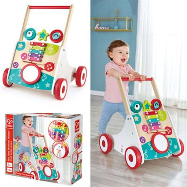 Hape My First Musical Walker with xylophone, drum, and spinning blocks, promoting walking and musical exploration for toddlers.