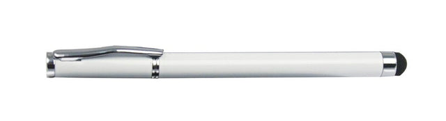 Elegantly designed white metal stylus pen with black ink, featuring a rubberized tip for touchscreen navigation and removable cap.
