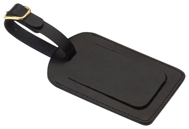 Stylish split leather covered luggage tag with adjustable tie, metal buckle, and ample space for personal information.