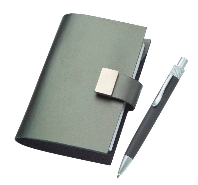Stylish A6 split leather jotter with secure snap closure and included pen, perfect for notes and journaling.