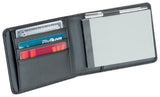 Notepad Card Holder featuring a PVC exterior, 40-page notepad, slip pocket for cards, and a blue pen, packaged in a gift box.