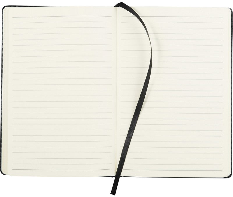 Ambassador Carbon Fibre 5x7 JournalBook with sleek cover, elastic closure, ribbon marker, and 80 lined sheets for stylish notes.