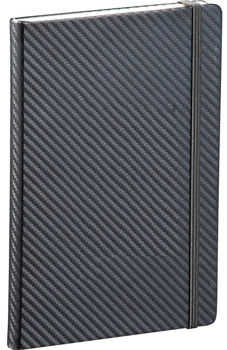 Sleek carbon fibre journal with elastic closure, ribbon marker, 80 lined sheets, and back pocket for storage.