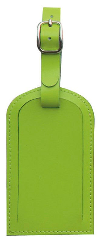 Pink luggage tag made of durable split leather with adjustable tie and metal buckle for easy identification and style.