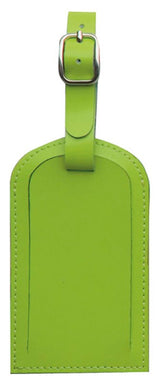 Pink luggage tag made of durable split leather with adjustable tie and metal buckle for easy identification and style.