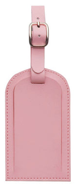 Vibrant green split leather luggage tag with adjustable tie and metal buckle, perfect for stylish identification while traveling.