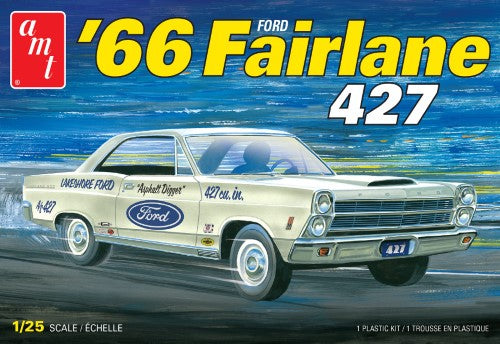 1:25 scale model kit of a 1966 Ford Fairlane 427, featuring 108 parts including a detailed V8 engine and retro packaging.