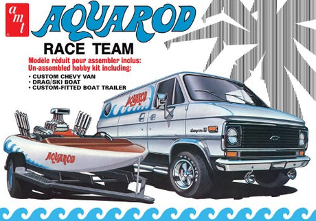 Detailed model kit featuring a 1975 Chevy van, trailer, and race boat; perfect for creative hobbyists and collectors.