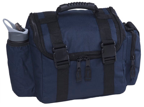 Durable dark blue tote bag with insulated pocket, U-shaped zipper, adjustable strap, and protective rubber feet.