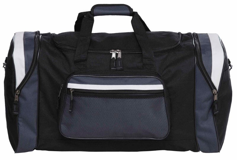Durable black, dark grey, and white sports bag with spacious U-shaped opening, detachable strap, and organized compartments.