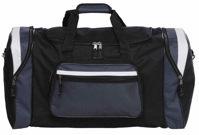 Durable black, dark grey, and white sports bag with spacious U-shaped opening, detachable strap, and organized compartments.