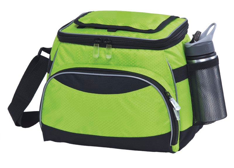 Light green and black Encore Cooler with insulated compartment, adjustable strap, and durable design for outdoor activities.