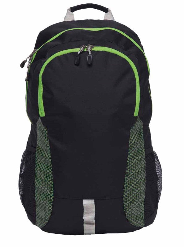 Grommet Backpack in black with light green accents, featuring padded laptop compartment and dual mesh drink pockets.