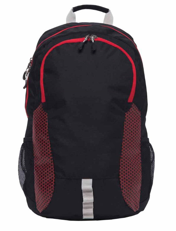 Black and red Grommet Backpack with honeycomb print, padded laptop compartment, and mesh pockets for hydration.