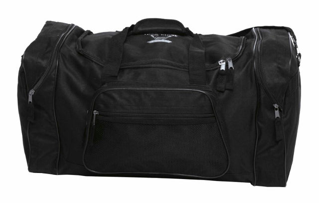 Durable black sports bag with 71L capacity, U-shaped zipper, adjustable strap, and multiple storage pockets.