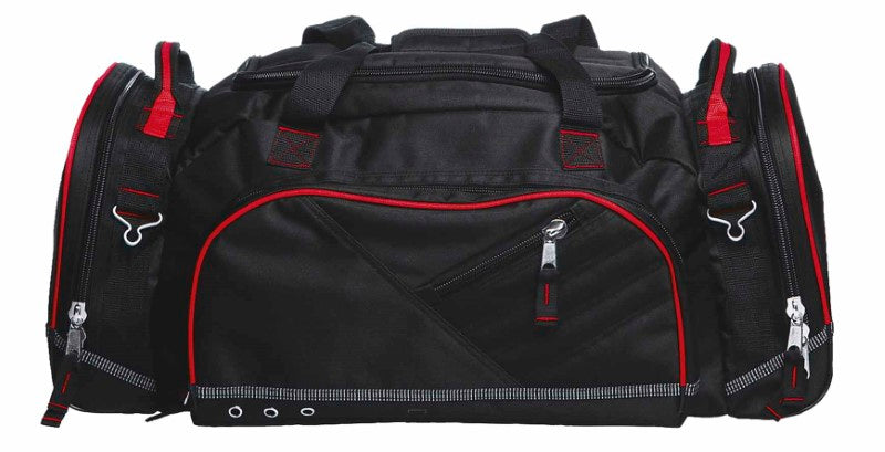 Black and red Recon Sports Bag featuring durable polyester, large compartments, reflective piping, and comfortable carrying options.