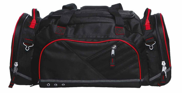 Black and red Recon Sports Bag featuring durable polyester, large compartments, reflective piping, and comfortable carrying options.