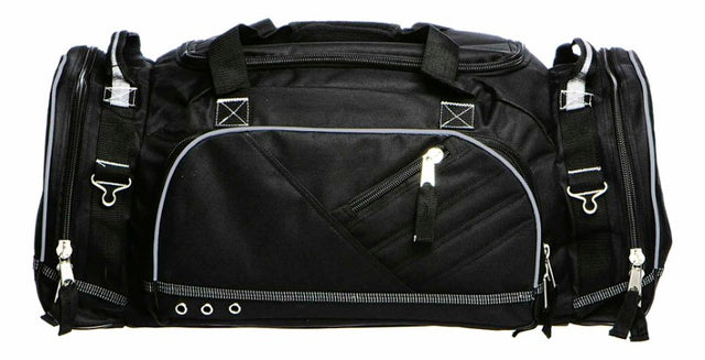 Black Recon Sports Bag with reflective accents, durable polyester, ample storage, and versatile carrying options.
