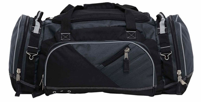 Dark grey and black Recon Sports Bag with spacious compartments, durable material, and multiple carrying options for active lifestyles.