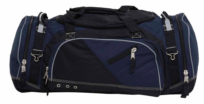Dark blue and black Recon Sports Bag with durable design, spacious compartments, adjustable straps, and reflective accents.
