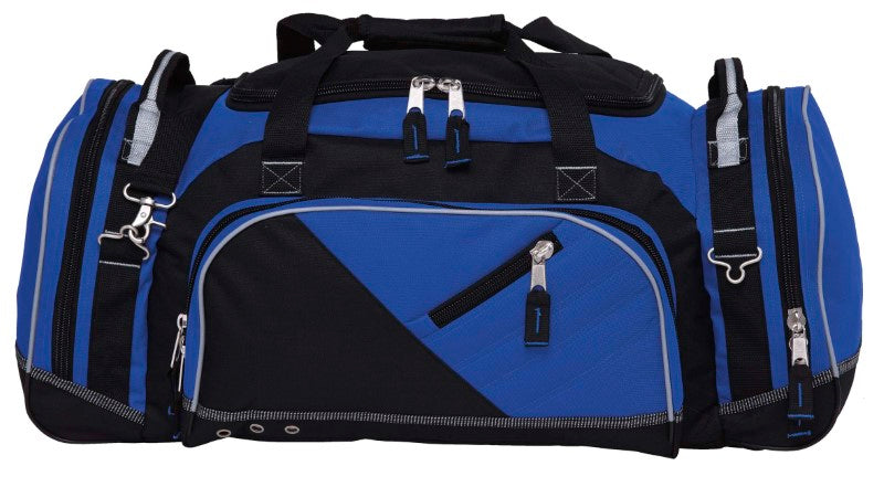 Durable blue and black sports bag with 51L capacity, oversized zippers, side compartments, and adjustable padded shoulder strap.