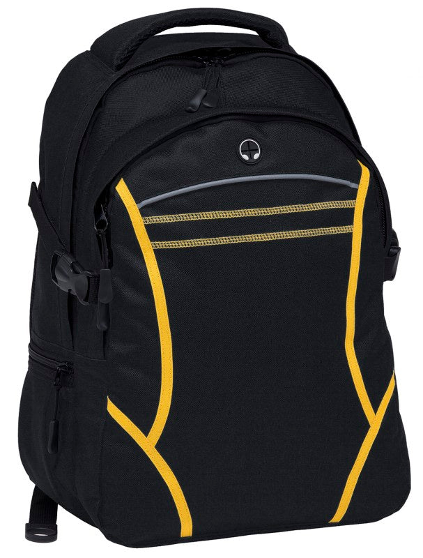 Reflex Backpack in Black/Yellow featuring durable polyester, padded iPad compartment, and stylish reflective detailing.