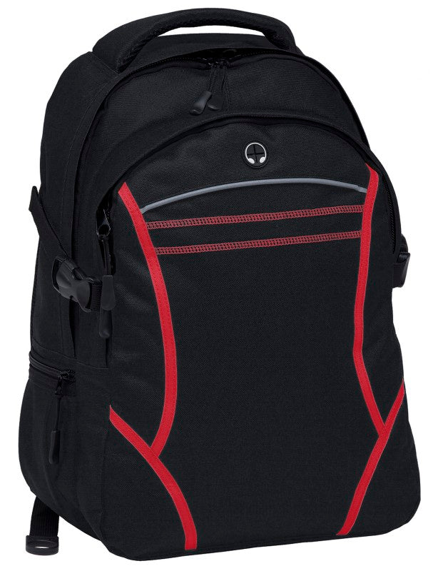 Reflex Backpack in Black/Red, featuring durable polyester, padded compartments, and reflective detailing for style and functionality.
