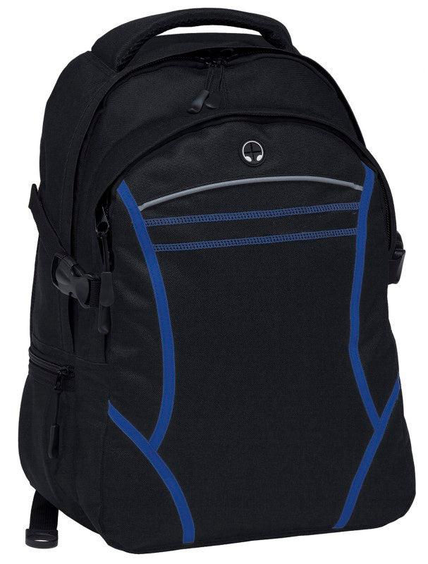 Durable black and blue Reflex Backpack with padded iPad compartment, reflective piping, and ergonomic shoulder straps.