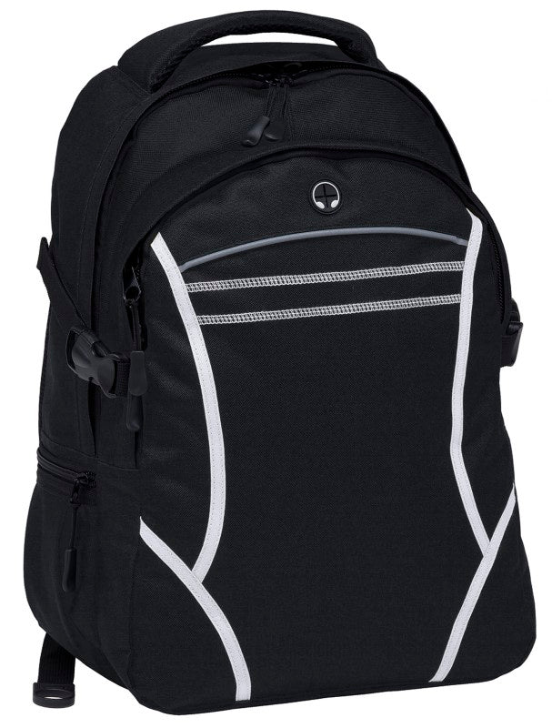 Alt text: Stylish black and white Reflex Backpack featuring durable material, padded compartments, and reflective detailing for added safety.