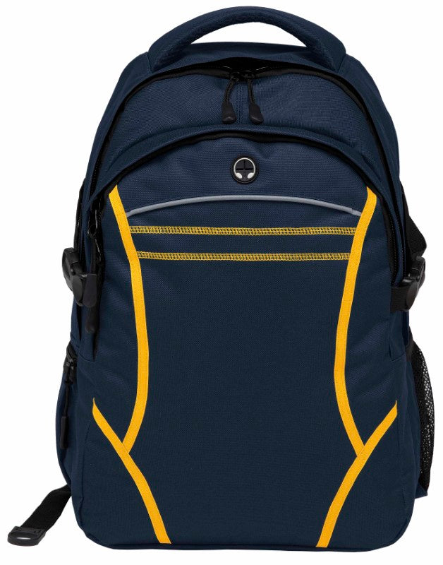 Dark blue and yellow Reflex Backpack with multiple compartments and padded iPad storage, designed for comfort and durability.
