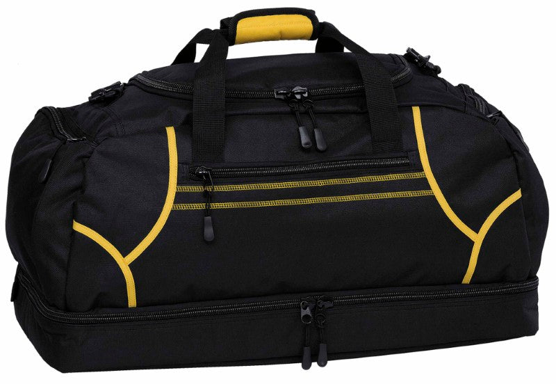 Reflex Sports Bag in black and yellow, featuring durable 600D polyester, spacious compartments, and adjustable shoulder strap.