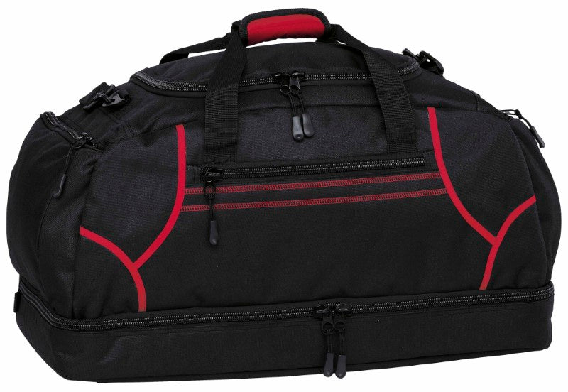 Reflex Sports Bag in Black/Red featuring durable 600D polyester, spacious compartments, and comfortable carrying options.