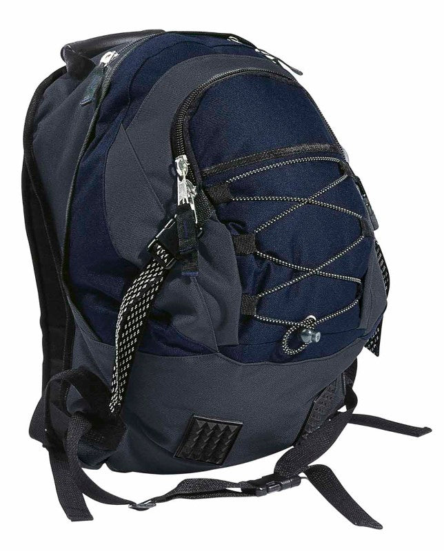 Durable dark blue and grey Stealth Backpack with 34L capacity, features padded straps, compression straps, and multiple pockets.