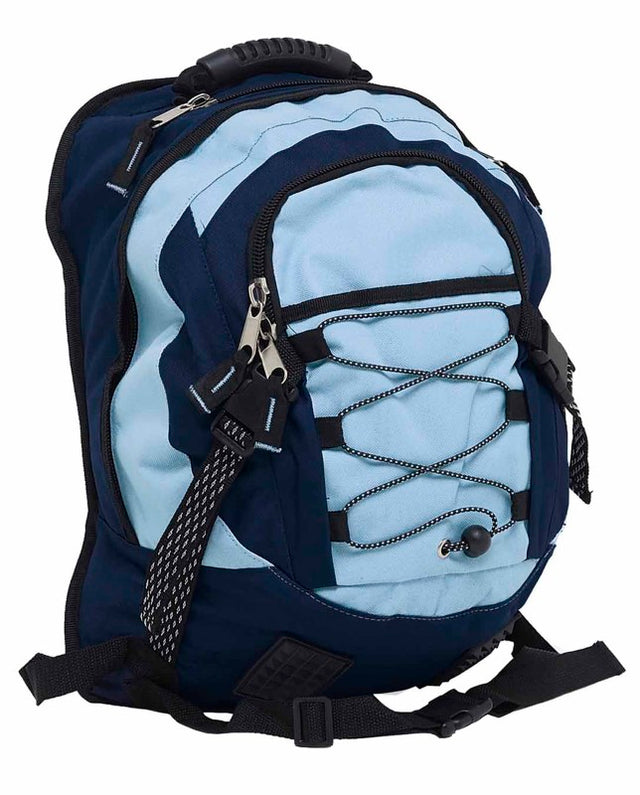 Light blue and dark blue Stealth Backpack featuring durable 600D polyester, spacious compartments, and adjustable straps for comfort.