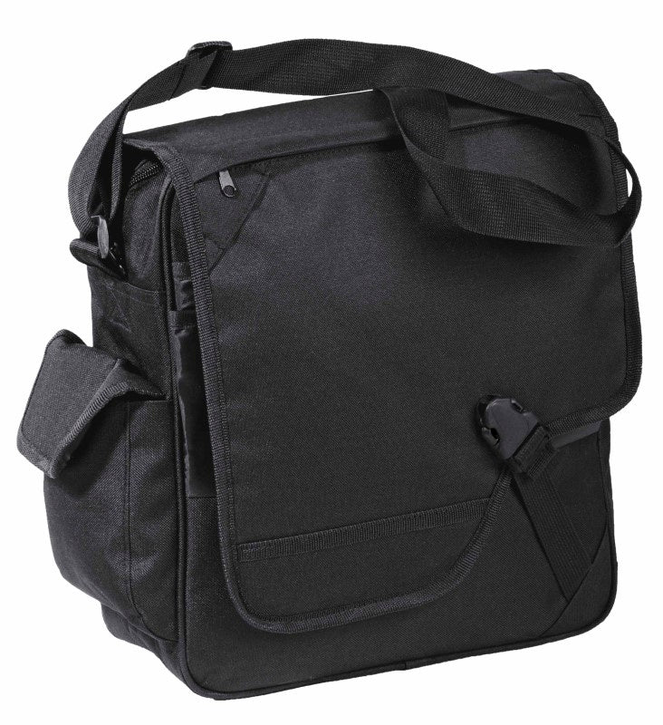 Sleek black satellite messenger bag with 15" laptop compartment, multiple pockets, and adjustable strap for commuters.
