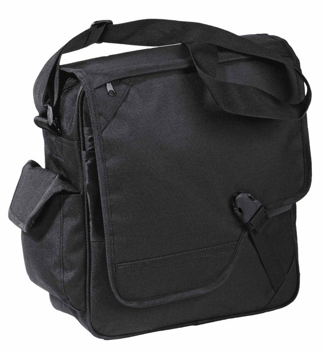 Sleek black satellite messenger bag with 15" laptop compartment, multiple pockets, and adjustable strap for commuters.
