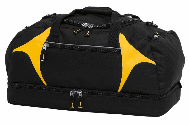 Spliced Zenith Sports Bag in black and yellow, featuring durable fabric, spacious compartments, and reflective details for safety.