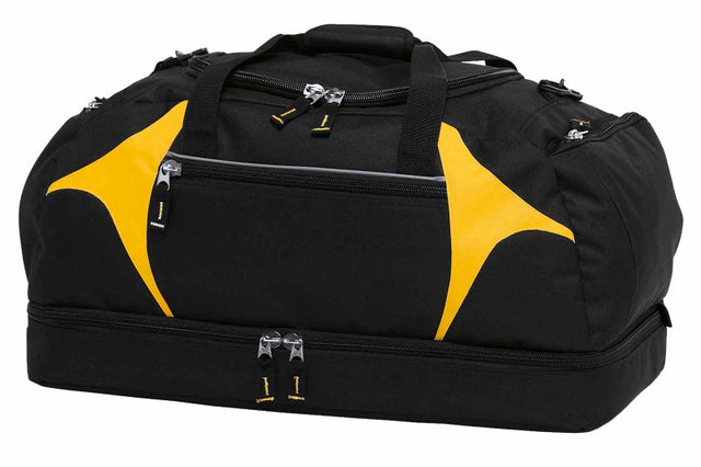Spliced Zenith Sports Bag in black and yellow, featuring durable fabric, spacious compartments, and reflective details for safety.