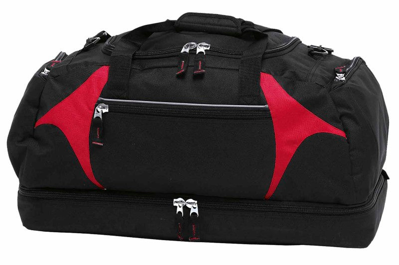 Spliced Zenith Sports Bag in black and red, featuring durable design, spacious compartments, and adjustable strap for comfort.