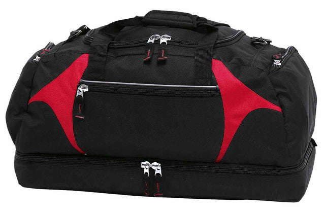 Spliced Zenith Sports Bag in black and red, featuring durable design, spacious compartments, and adjustable strap for comfort.