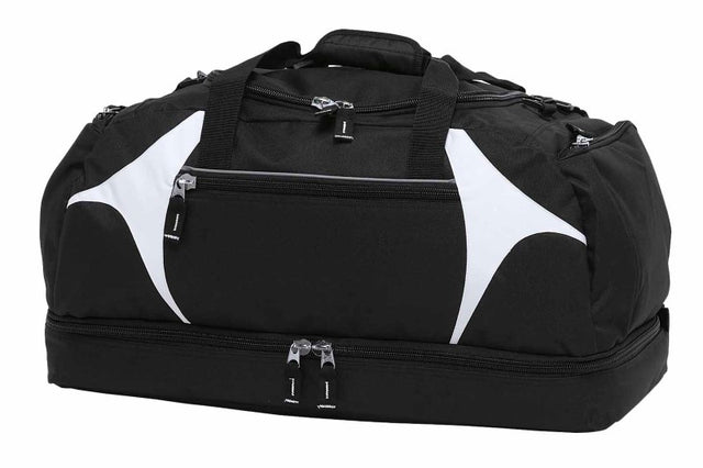 Spliced Zenith Sports Bag in Black/White with large compartments, durable material, and adjustable strap for versatile use.