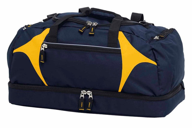 Spliced Zenith Sports Bag in dark blue and yellow, featuring a spacious 55L capacity and durable design for athletes.