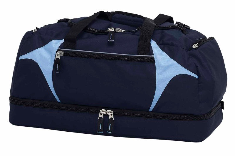 Spliced Zenith Sports Bag in dark and light blue, featuring durable material, spacious compartments, and comfortable straps.