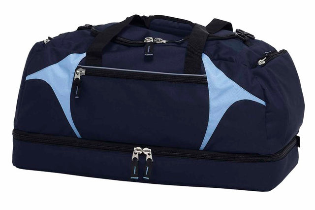 Spliced Zenith Sports Bag in dark and light blue, featuring durable material, spacious compartments, and comfortable straps.
