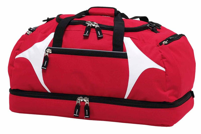 Spliced Zenith Sports Bag in red and white, featuring a spacious main compartment, multiple pockets, and adjustable strap.