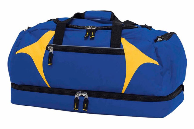 Durable blue/yellow sports bag with U-shaped opening, zippered pockets, and adjustable strap for easy carrying.